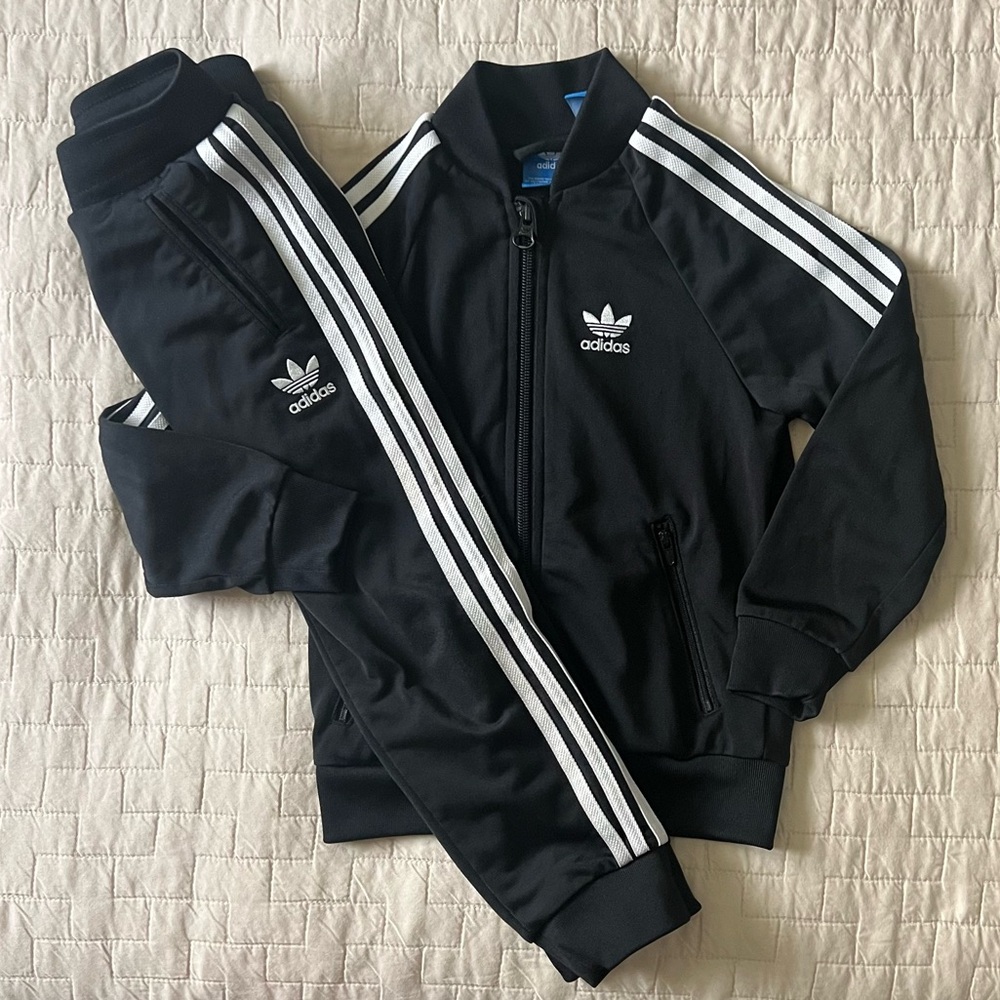 adidas Originals Firebird Black and White 3 stripe Kids Tracksuit Set